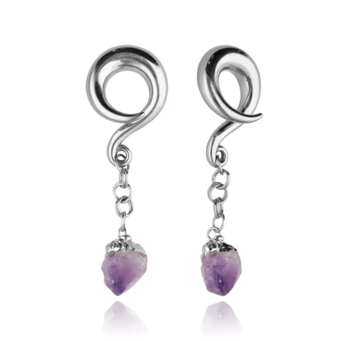 Ciężarki do uszu z fioletowym ametystem - para - srebrne - PT-181