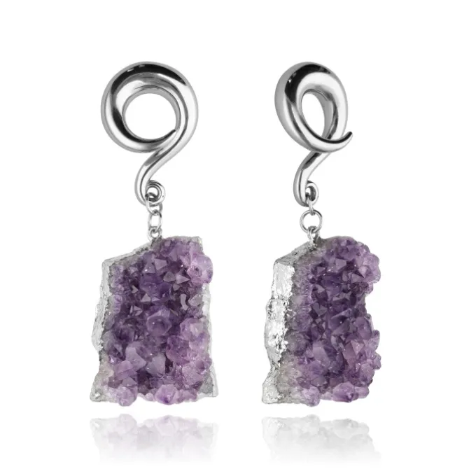 Ciężarki do uszu z fioletowym ametystem - para - srebrne - PT-182