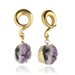 Ciężarki do uszu z fioletowym ametystem - para - złote - PT-184