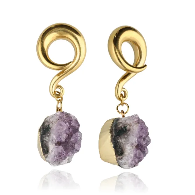 Ciężarki do uszu z fioletowym ametystem - para - złote - PT-184
