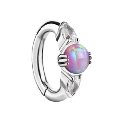 Kolczyk clicker do pępka z różowym opalem i białymi cyrkoniami - CoCr NF - srebrny - KP-008