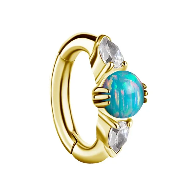 Kolczyk clicker do pępka z morskim opalem i białymi cyrkoniami - CoCr NF - złoty - KP-008