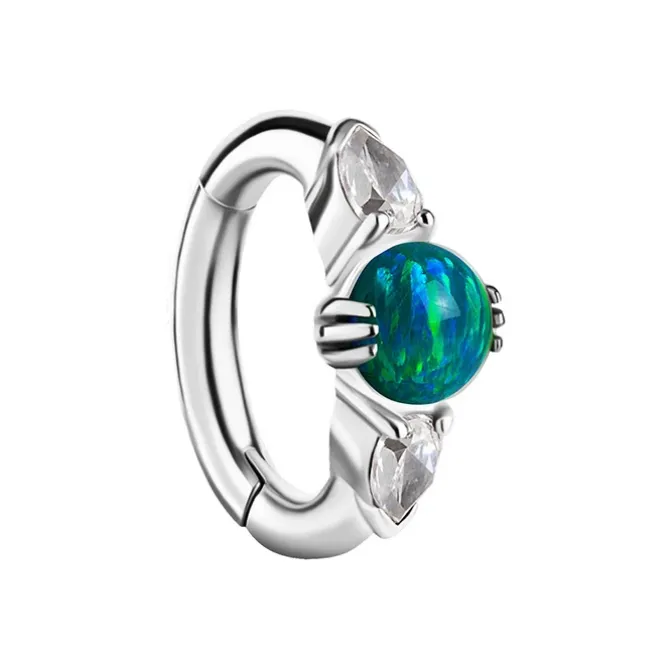 Kolczyk clicker do pępka z zielonym opalem i białymi cyrkoniami - CoCr NF - srebrny - KP-008