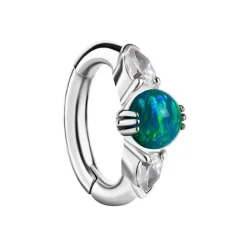 Kolczyk clicker do pępka z zielonym opalem i białymi cyrkoniami - CoCr NF - srebrny - KP-008