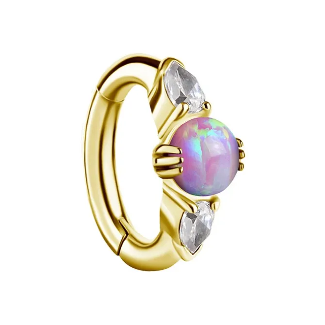 Kolczyk clicker do pępka z różowym opalem i białymi cyrkoniami - CoCr NF - złoty - KP-008