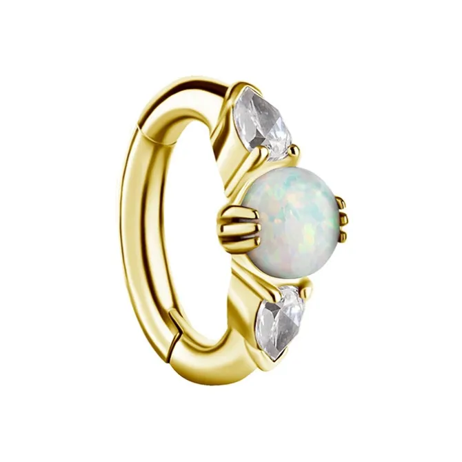 Kolczyk clicker do pępka z białym opalem i białymi cyrkoniami - CoCr NF - złoty - KP-008