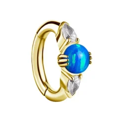Kolczyk clicker do pępka z niebieskim opalem i białymi cyrkoniami - CoCr NF - złoty - KP-008