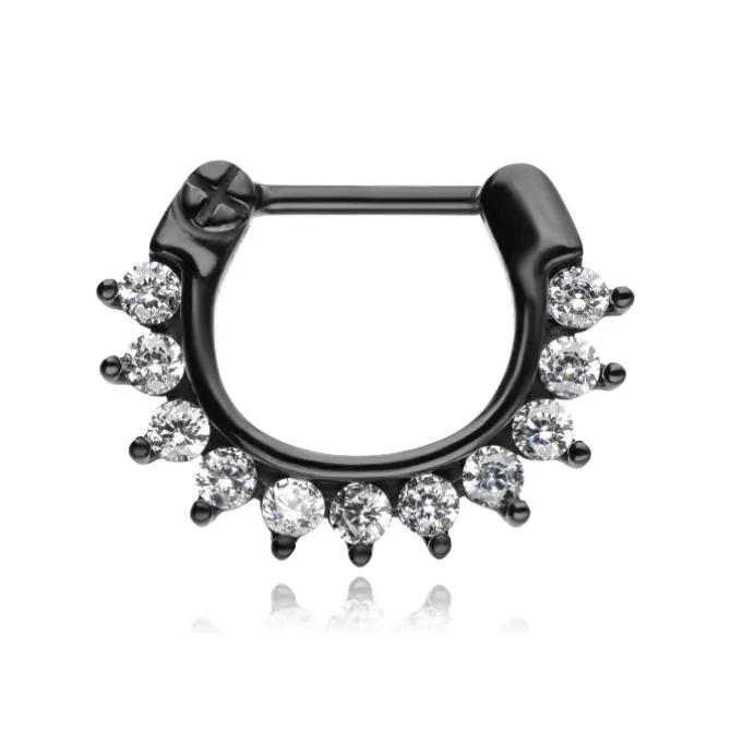 Kolczyk clicker z białymi cyrkoniami - czarny - K-059