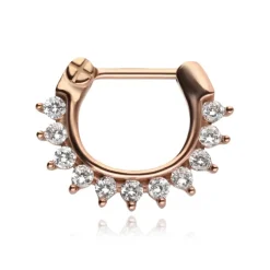 Kolczyk clicker z białymi cyrkoniami - różowe złoto - K-059