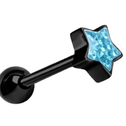 Kolczyk do języka czarna gwiazda z niebieskimi kryształkami - KJ-007