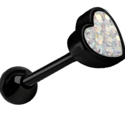 Kolczyk do języka czarne serduszko z opalizującymi kryształkami - KJ-008