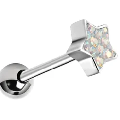 Kolczyk do języka srebrna gwiazda z opalizującymi kryształkami - KJ-007