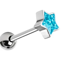 Kolczyk do języka srebrna gwiazda z niebieskimi kryształkami - KJ-007