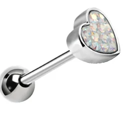 Kolczyk do języka srebrne serduszko z opalizującymi kryształkami - KJ-008