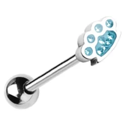 Kolczyk do języka srebrny kastet z niebieskimi kryształkami - KJ-009