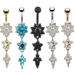 Kolczyk do pępka długi srebrny z białymi cyrkoniami - KP-054