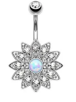 Kolczyk do pępka kwiat z opalem srebrny - KP-040