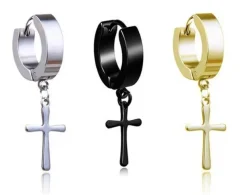 Kolczyk HUGGIE ozdobny krzyżyk czarny - KH-005