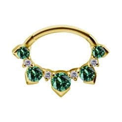 Kolczyk kółko clicker - złoto 18K z zielonymi i białymi cyrkoniami - GD18K-064