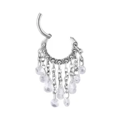 Kolczyk kółko clicker z łańcuszkami i białymi cyrkoniami - srebrny - K-065