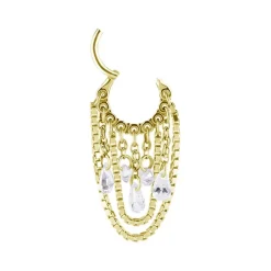 Kolczyk kółko clicker z łańcuszkami i białymi cyrkoniami - złoty - K-034