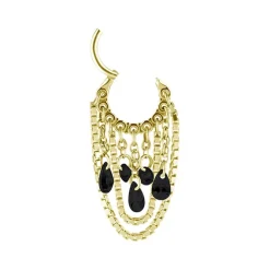 Kolczyk kółko clicker z łańcuszkami i czarnymi cyrkoniami - złoty - K-034