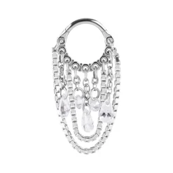 Kolczyk kółko clicker z łańcuszkami i białymi cyrkoniami - srebrny - K-034