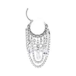 Kolczyk kółko clicker z łańcuszkami i białymi cyrkoniami - srebrny - K-034