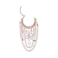 Kolczyk kółko clicker z łańcuszkami i białymi cyrkoniami - różowe złoto - K-034