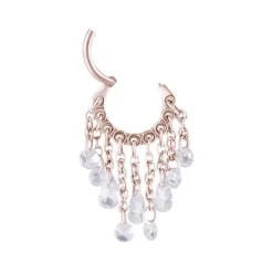 Kolczyk kółko clicker z łańcuszkami i białymi cyrkoniami - różowe złoto - K-065