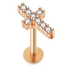 Kolczyk labret - krzyż z białymi kryształkami różowe złoto - LGW-035