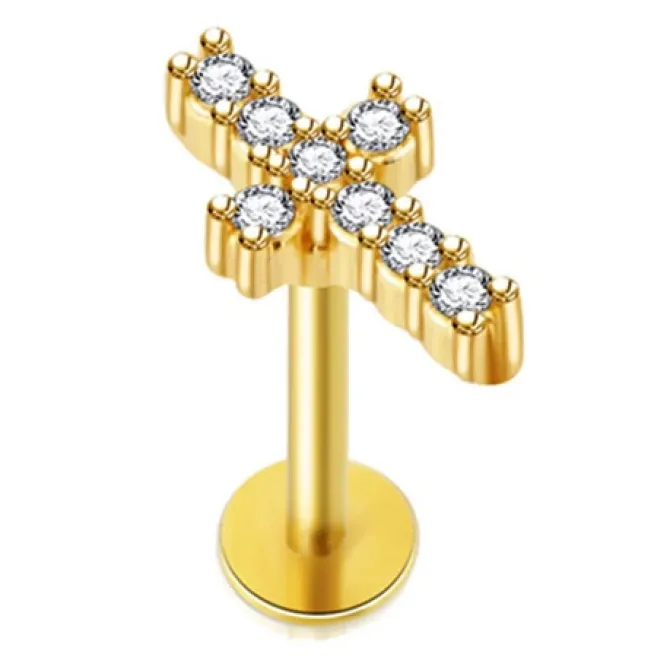 Kolczyk labret - krzyż z białymi kryształkami złoty - LGW-035