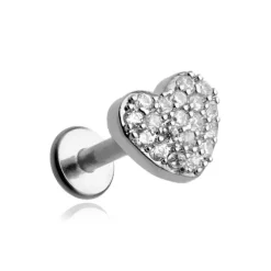 Kolczyk labret - srebrne serce z białymi kryształkami - LGW-008