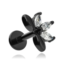 Kolczyk labret kwiat z białymi cyrkoniami - czarny - LGW-051