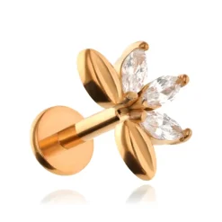 Kolczyk labret kwiat z białymi cyrkoniami - różowe złoto - LGW-051