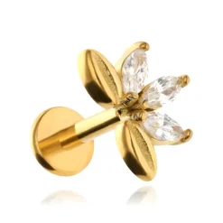 Kolczyk labret kwiat z białymi cyrkoniami - złoty - LGW-051