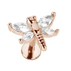 Labret - ważka z białymi kryształkami różowe złoto - LGW-034