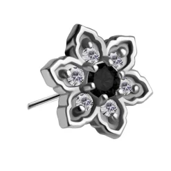 Nakrętka push in - kwiat z czarną i białymi cyrkoniami - CoCr NF - srebrny - PI-007