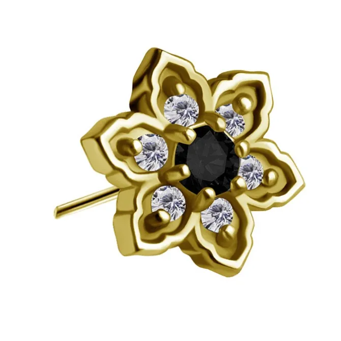 Nakrętka push in - kwiat z czarną i białymi cyrkoniami - CoCr NF - złoty - PI-007