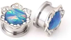 Plug - srebrny z niebieskim kwiatem i cyrkoniami - PT-050