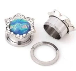 Plug - srebrny z niebieskim kwiatem i cyrkoniami - PT-050