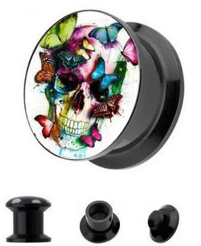 Plug akrylowy odkręcany - czaszka z motylami - PT-038