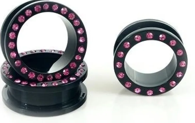 Tunel akrylowy czarny z różowymi cyrkoniami - PT-013