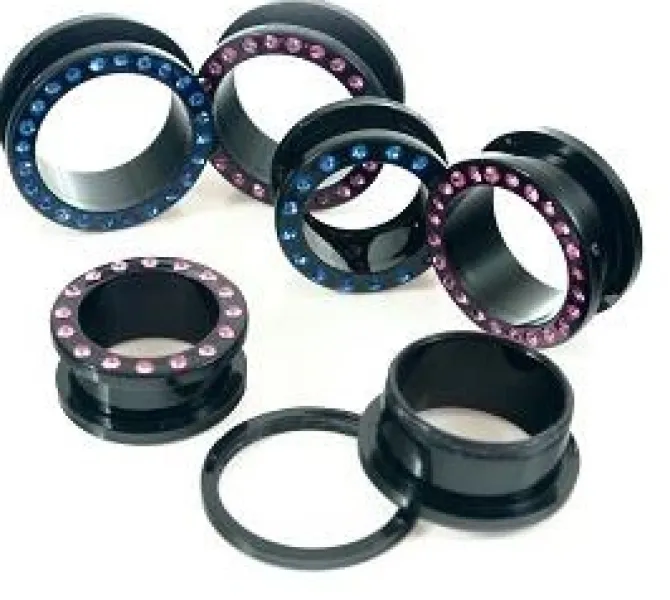 Tunel akrylowy czarny z różowymi cyrkoniami - PT-013