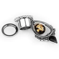 Tunel ozdobny długi z czarno-złotym koralikiem i czarną cyrkonią - PT-062