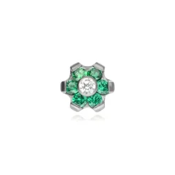 Tytanowa nakrętka kwiat z zielonymi i białą cyrkonią - srebrna - TNA-059