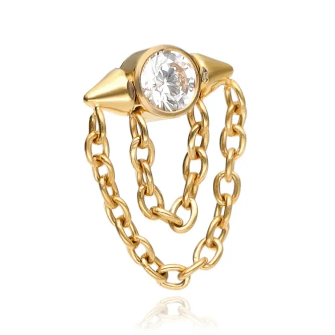 Tytanowa nakrętka z białą cyrkonią i łańcuszkami - złota- TNA-174