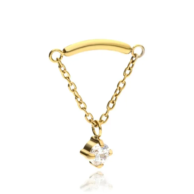 Tytanowa nakrętka z białą cyrkonią i łańcuszkiem - złota - TNA-144