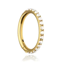 Tytanowe kółko clicker z białymi koralikami - złoty - TK-024