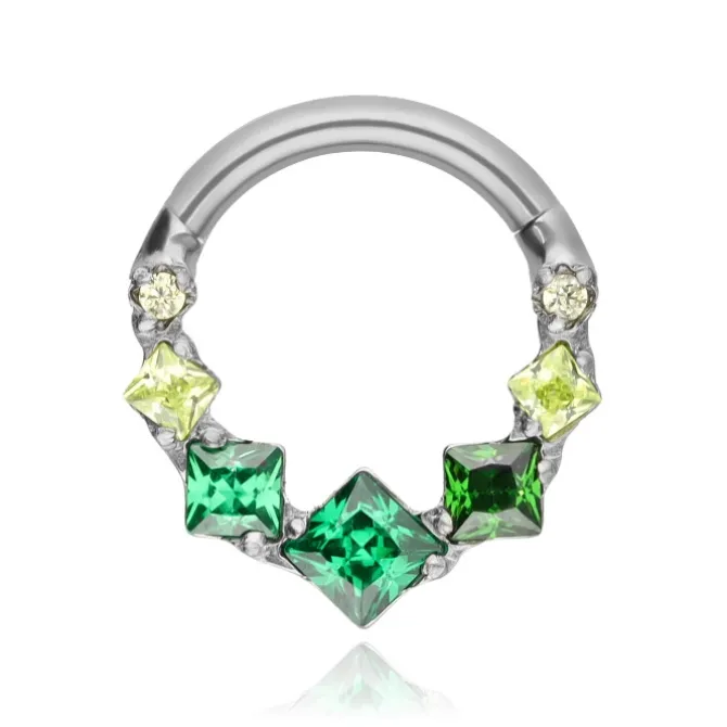 Tytanowy kolczyk clicker z zielonymi cyrkoniami - srebrny - TK-099